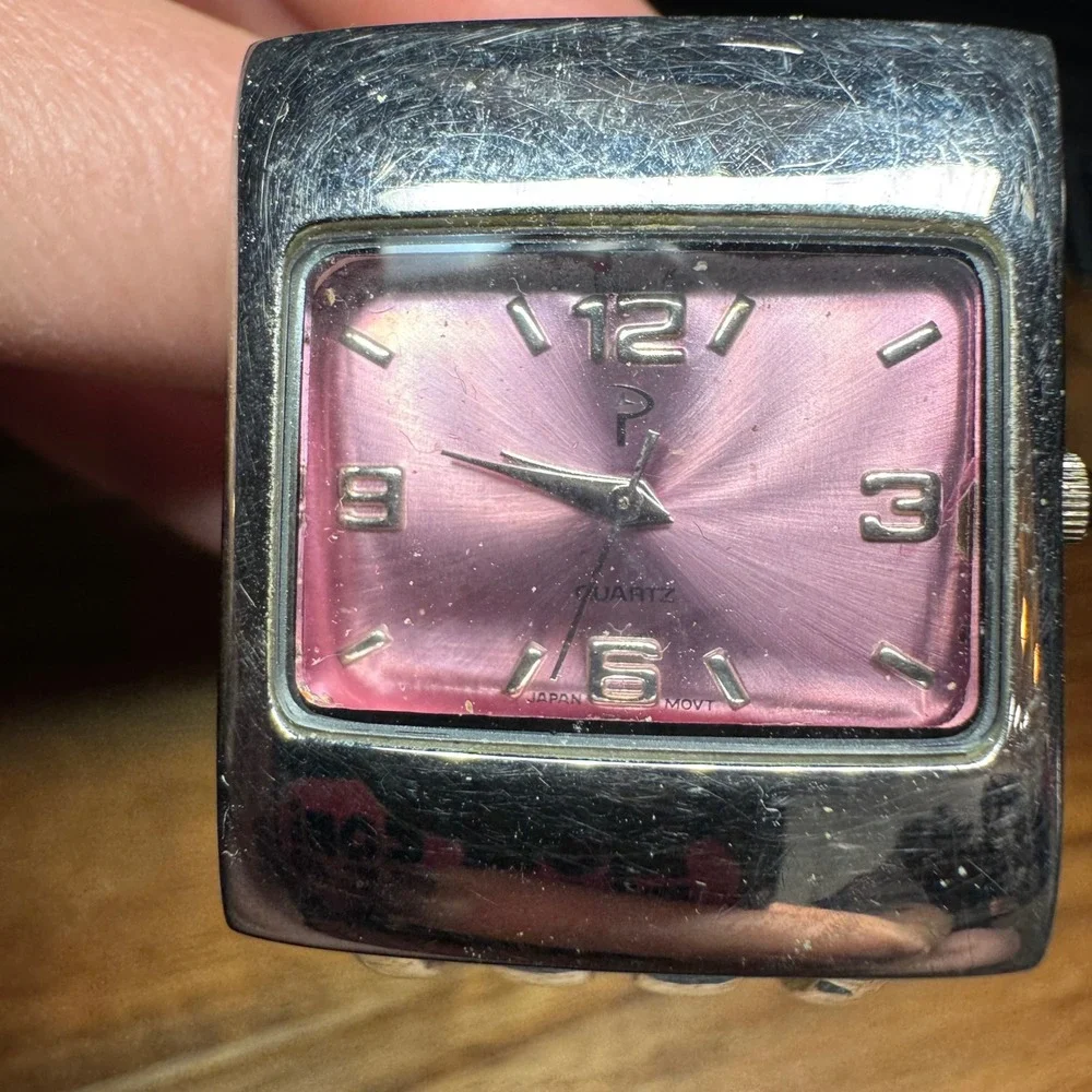 Y2K Silver Tone Pink Dial Cuff Quartz Watch Rectangular Face Parts Repair Vintag